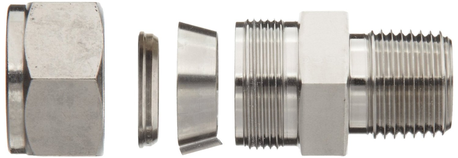 Dual Ferrule Stainless Steel Fittings Photo of Stainless Steel Dual Ferrule Fitting on white background